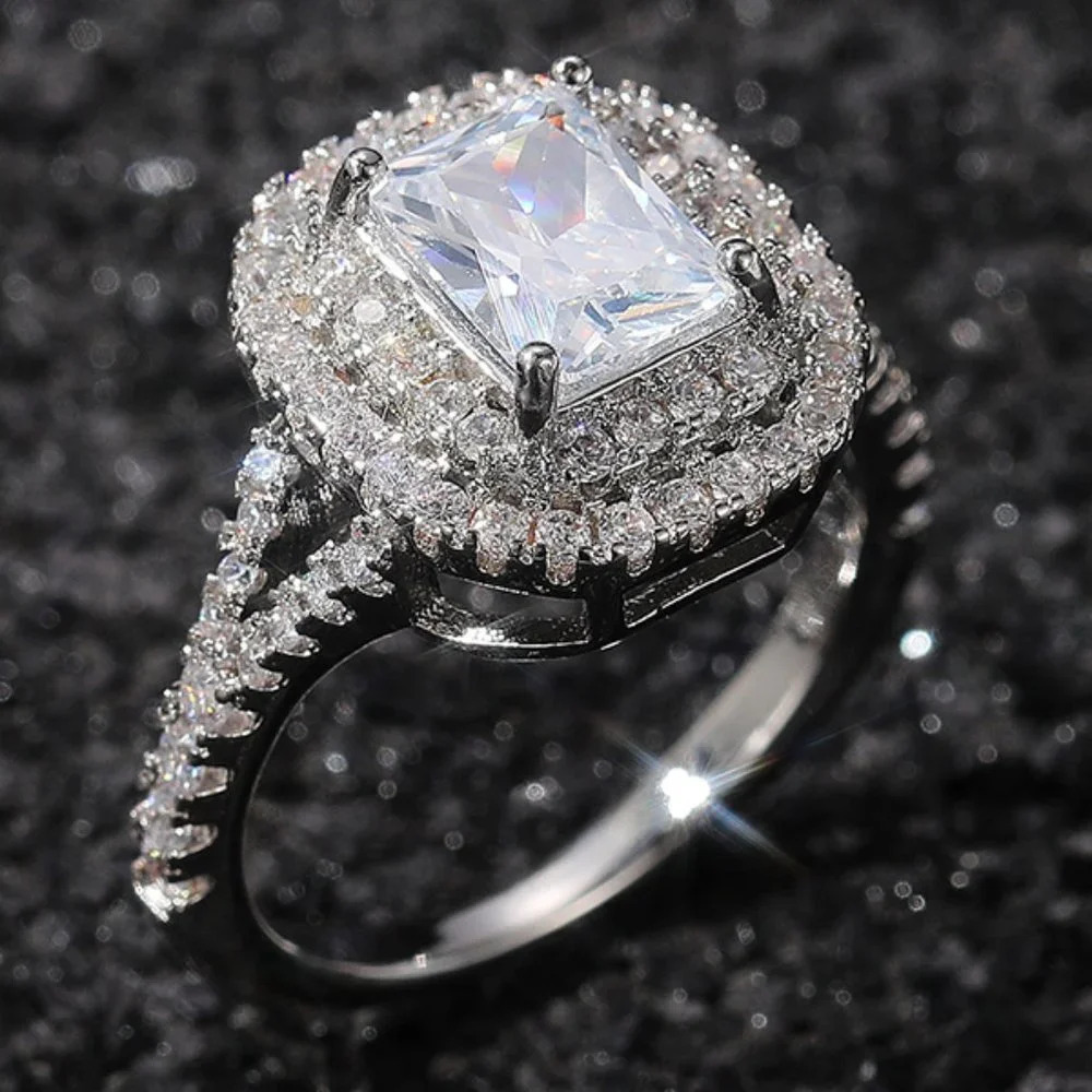 💥DOUBLE LAYER 14K WHITE GOLD RADIANT CUT PURE CZ LUXURY WEDDING RING, K856